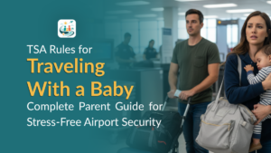 Parent traveling with baby waiting in TSA airport security line
