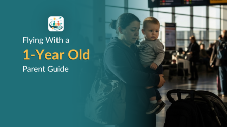 Flying With a 1 Year Old Parent holding a 1 year old at the airport before a flight