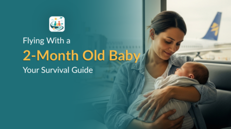 Flying With a 2-Month-Old Baby: Your Survival Guide Mother holding a 2-month-old baby at airport before flight