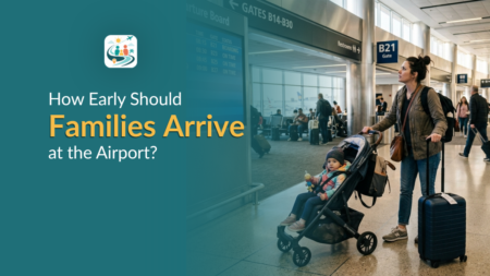 family arriving early at airport with kids and stroller