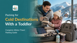 Family packing winter clothes and snow gear for cold destination travel with a toddler